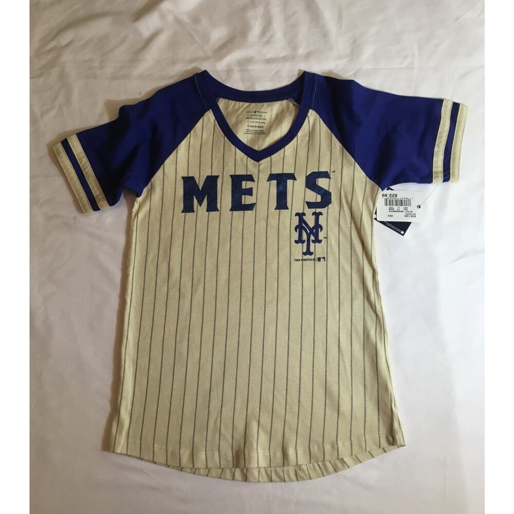 Genuine Merchandise New York Mets White Pin-Stripe T-Shirt Girls XS (4/5)Glitter